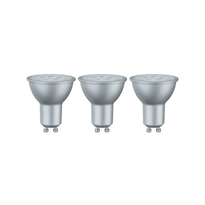 Drei silberne GU10 LED-Lampen mit mattem Gehäuse für energiesparende Beleuchtung