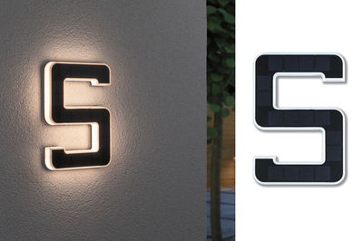 Numéro de maison solaire 5 avec éclairage LED noir et blanc pour murs extérieurs.