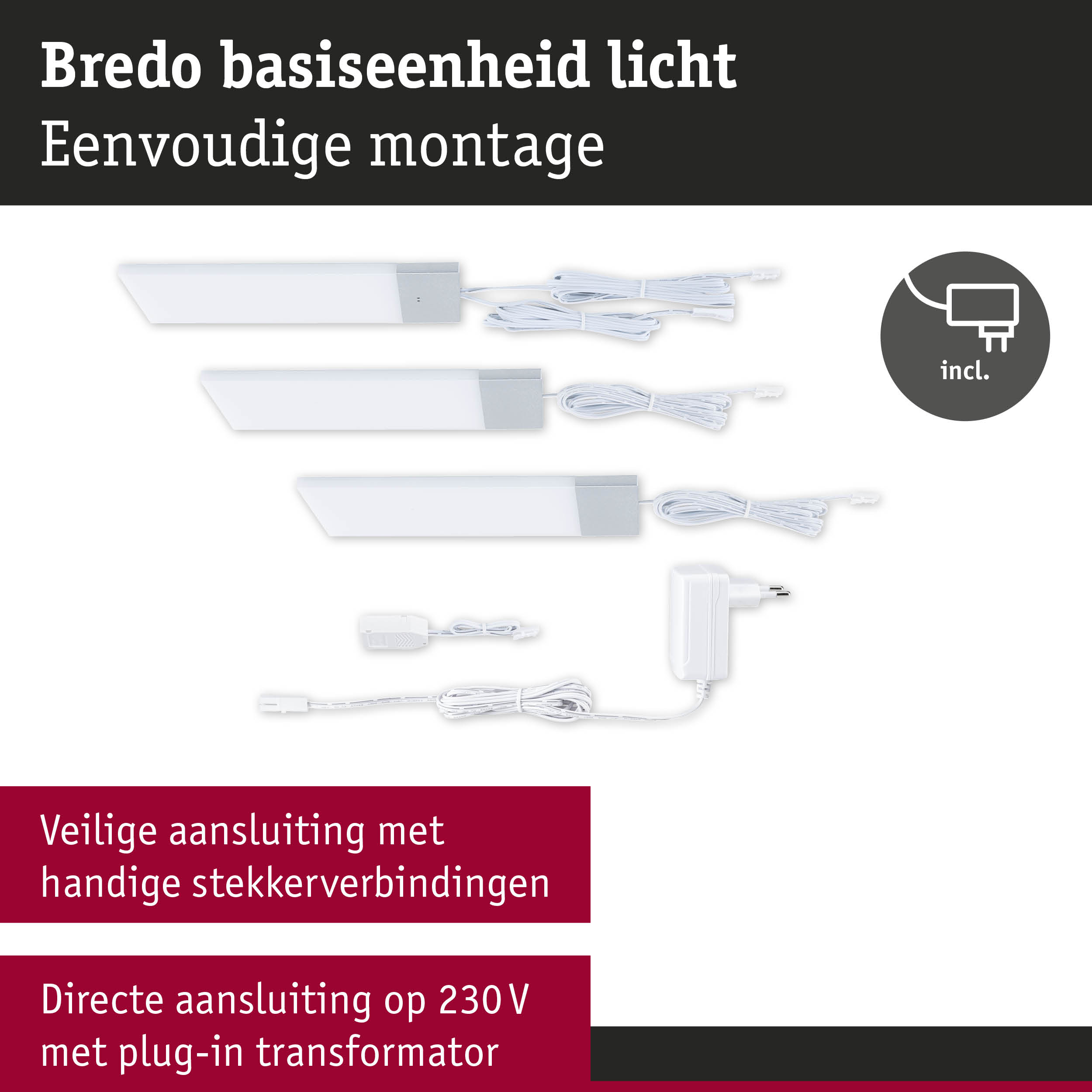 Bredo witte LED onderbouwverlichting met eenvoudige montage en plug-in transformator voor veilige verbindingen