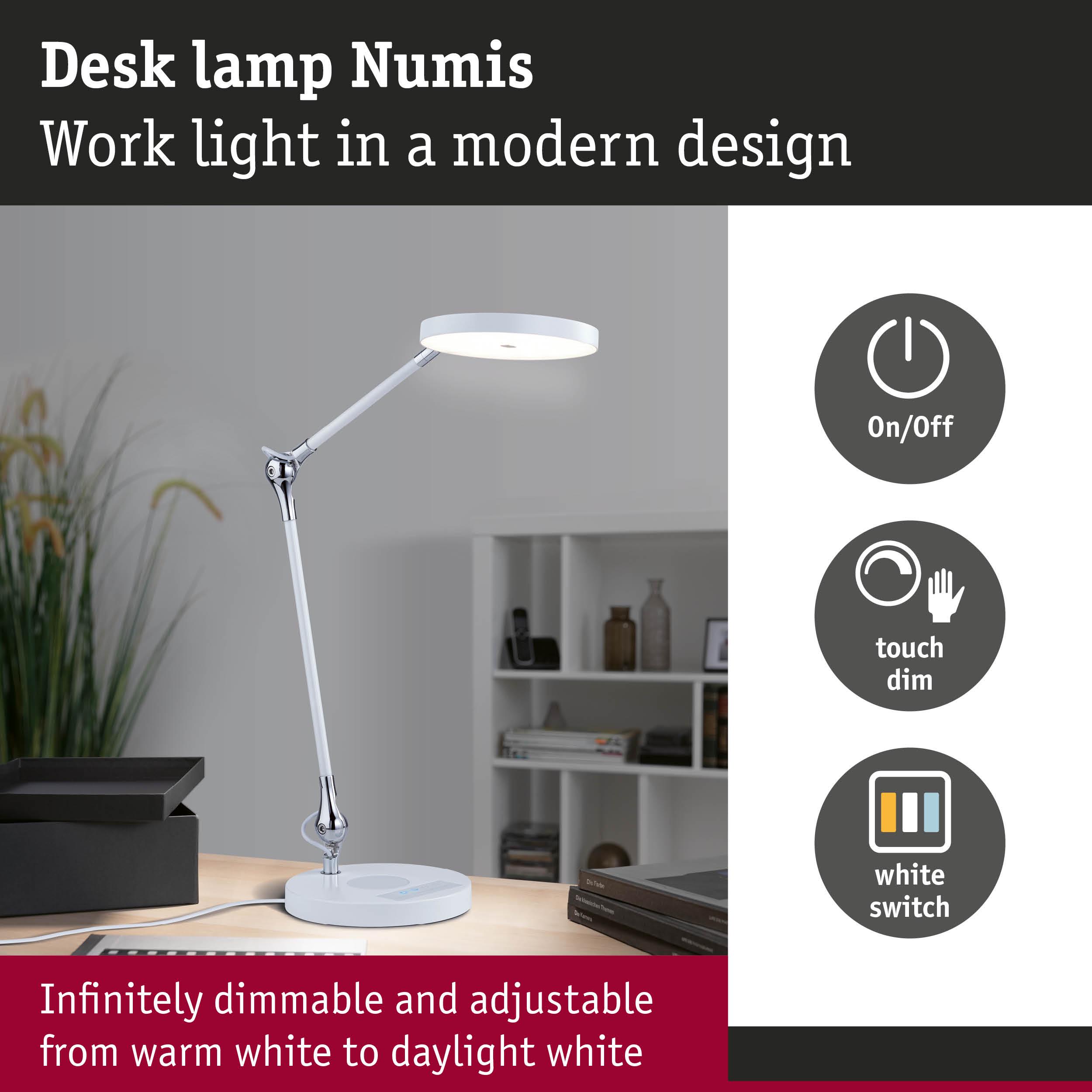 White Numis desk lamp with modern design, infinitely dimmable from warm white to daylight white
