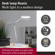 White Numis desk lamp with modern design, infinitely dimmable from warm white to daylight white
