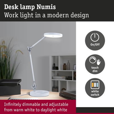 White Numis desk lamp with modern design, infinitely dimmable from warm white to daylight white