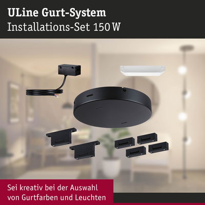 Schwarzes ULine Gurt-System Installations-Set 150 W mit Kabeln und Halterungen für Beleuchtungssysteme