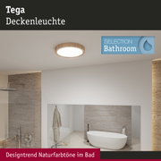 Runde Deckenleuchte Tega mit Holzrahmen in Naturtönen, ideal für Badezimmerbeleuchtung und Designtrends.