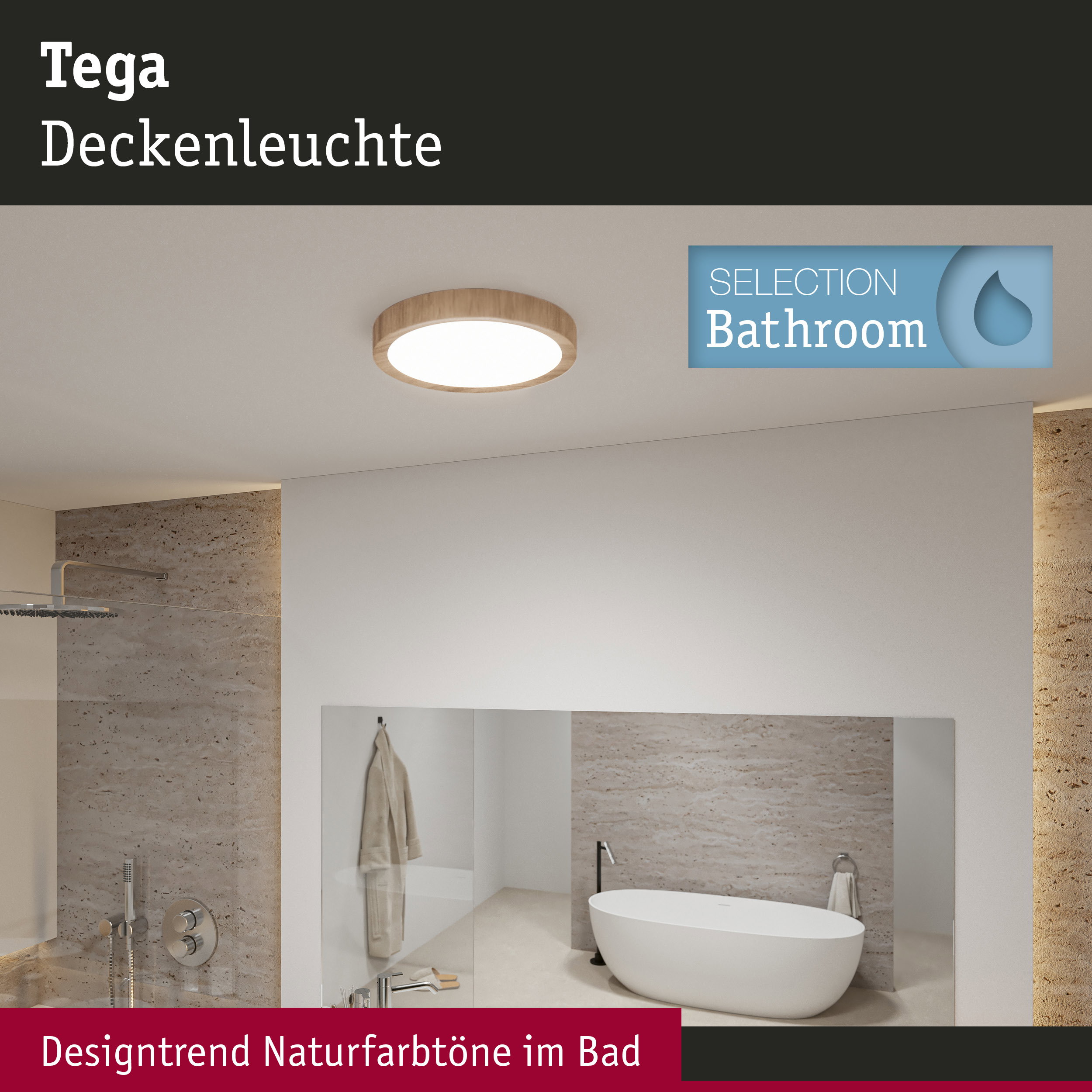 Runde Deckenleuchte Tega mit Holzrahmen in Naturtönen, ideal für Badezimmerbeleuchtung und Designtrends.