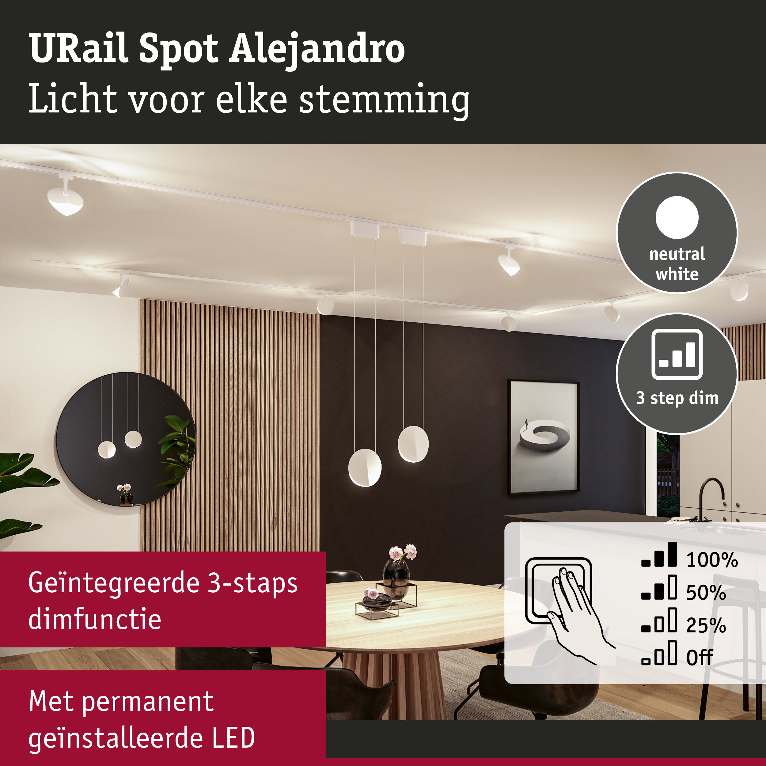 URail Spot Alejandro witte LED-plafondlamp met geïntegreerde 3-staps dimfunctie voor woonkamers