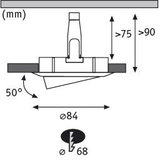 Technical drawing of a recessed spotlight with 84 mm diameter and 50-degree tilt made of aluminum.