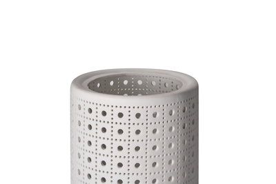 White ceramic lampshade with square perforation pattern for decorative LED lighting