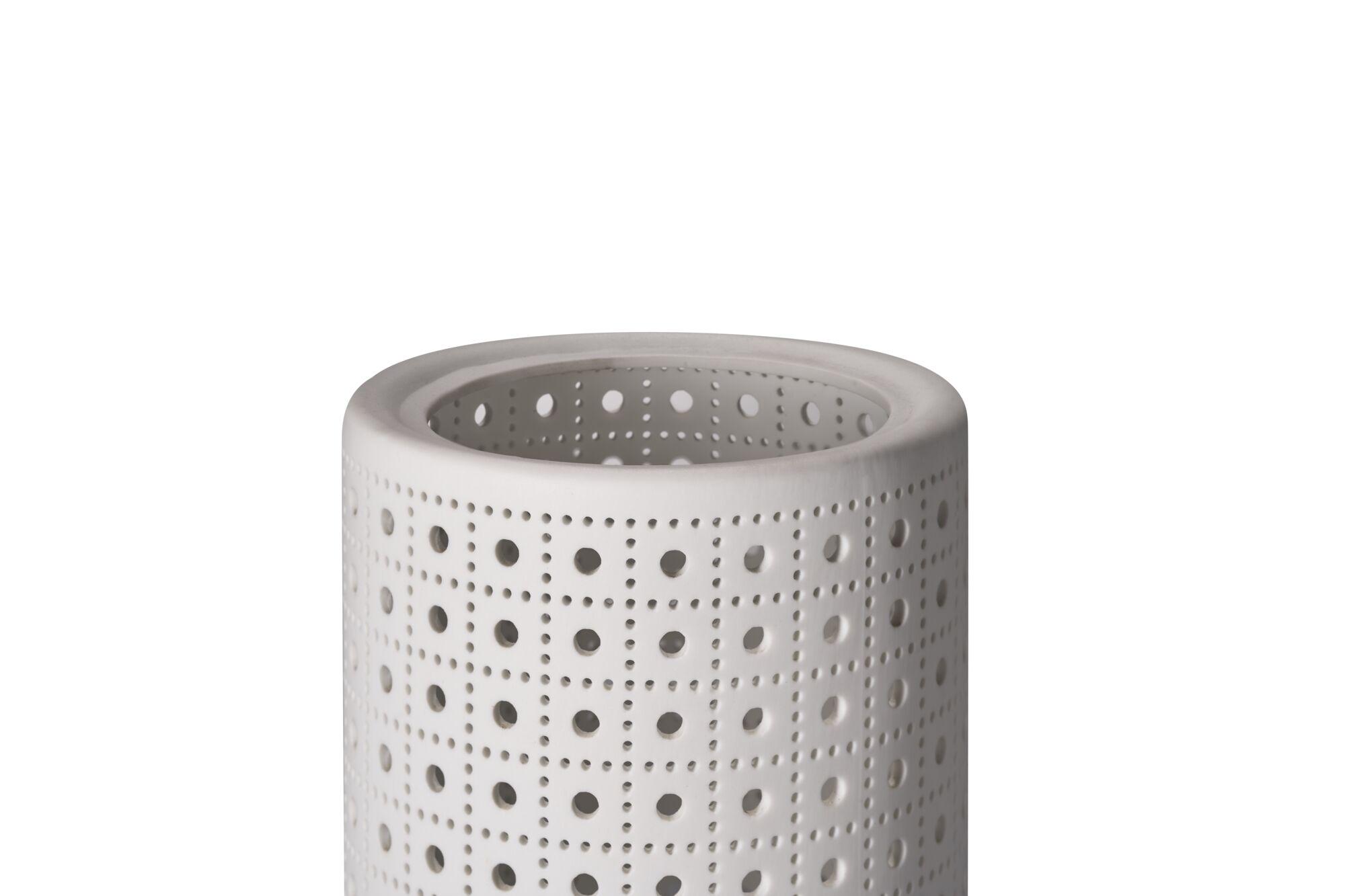 White ceramic lampshade with geometric perforated pattern for decorative LED lighting