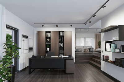 Modernes Büro mit schwarzem Schreibtisch, braunem Holzregal und schwarzer LED-Schienenbeleuchtung