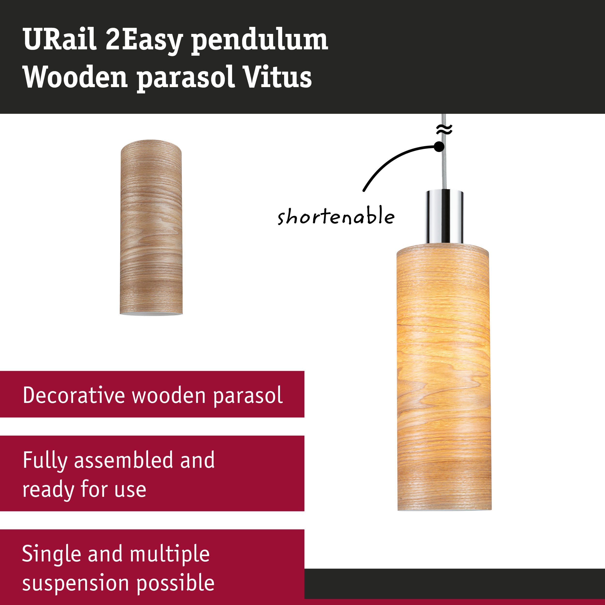 URail 2Easy pendant light with natural wood parasol, decorative wooden ceiling lamp for interiors