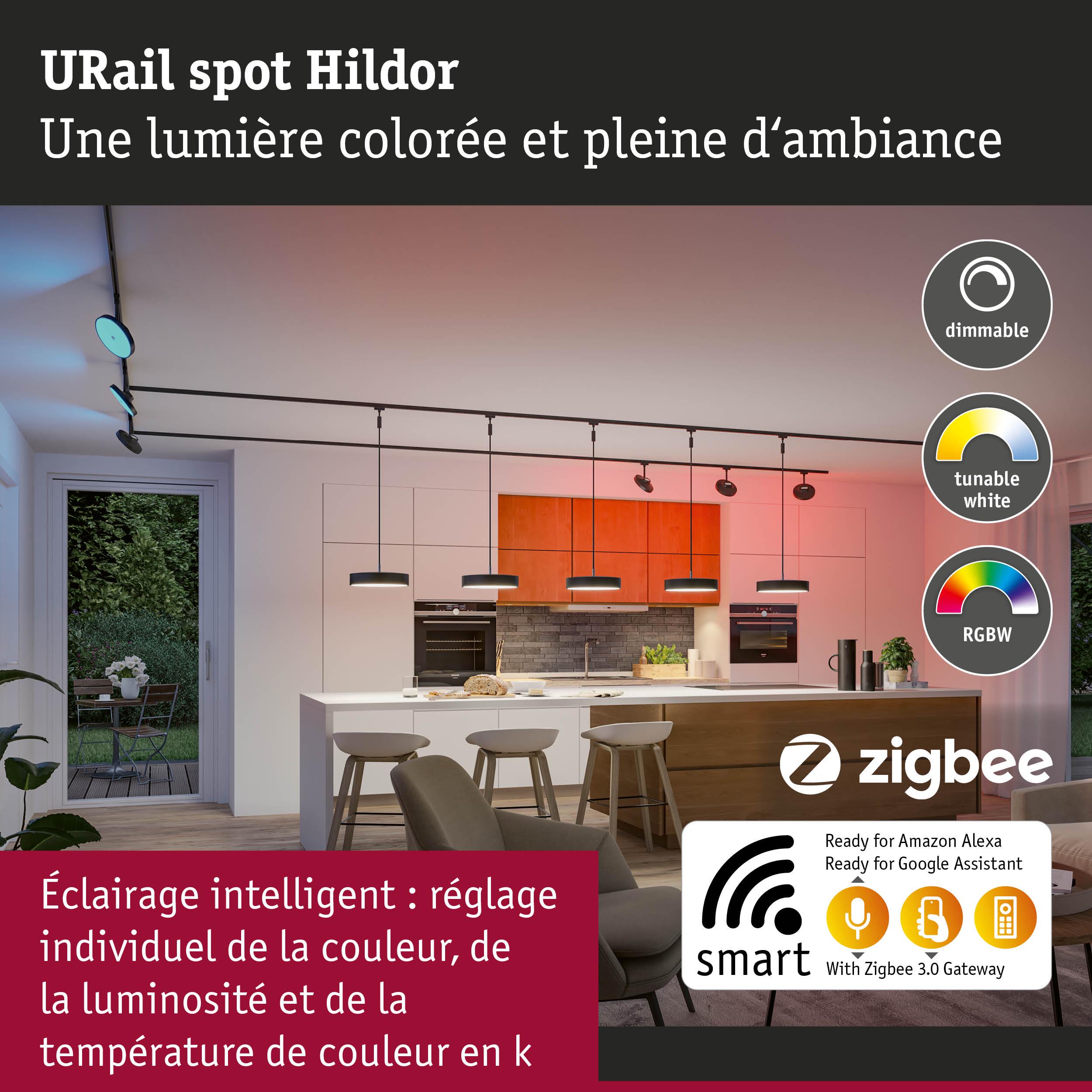 Cuisine moderne avec suspensions LED dimmables et réglables en couleur, système Zigbee intelligent