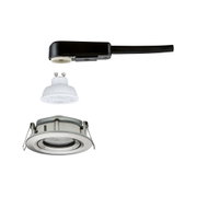 Explosionszeichnung eines Einbaustrahler-Sets aus Edelstahl mit GU10 LED-Lampe und schwarzem Anschlusskabel