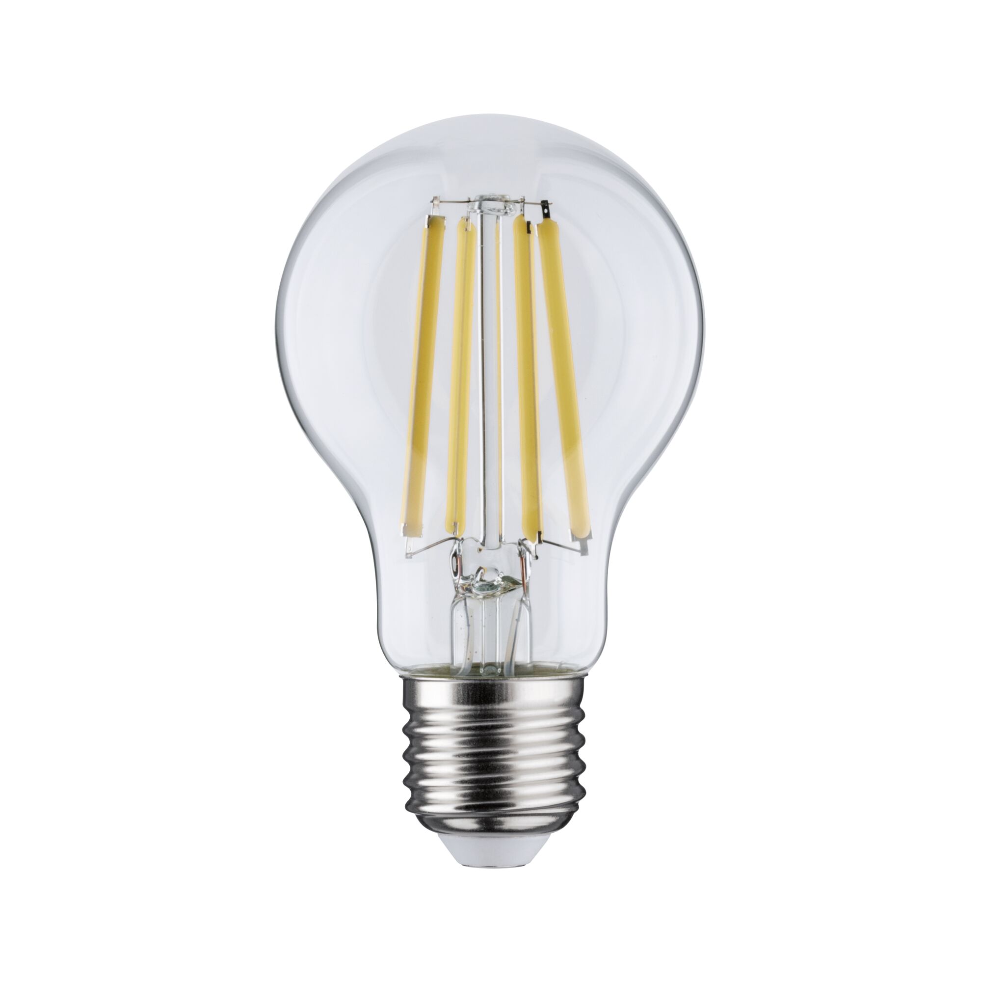 Klassische LED-Glühbirne mit transparentem Glas und silbernem Schraubsockel für energiesparende Beleuchtung