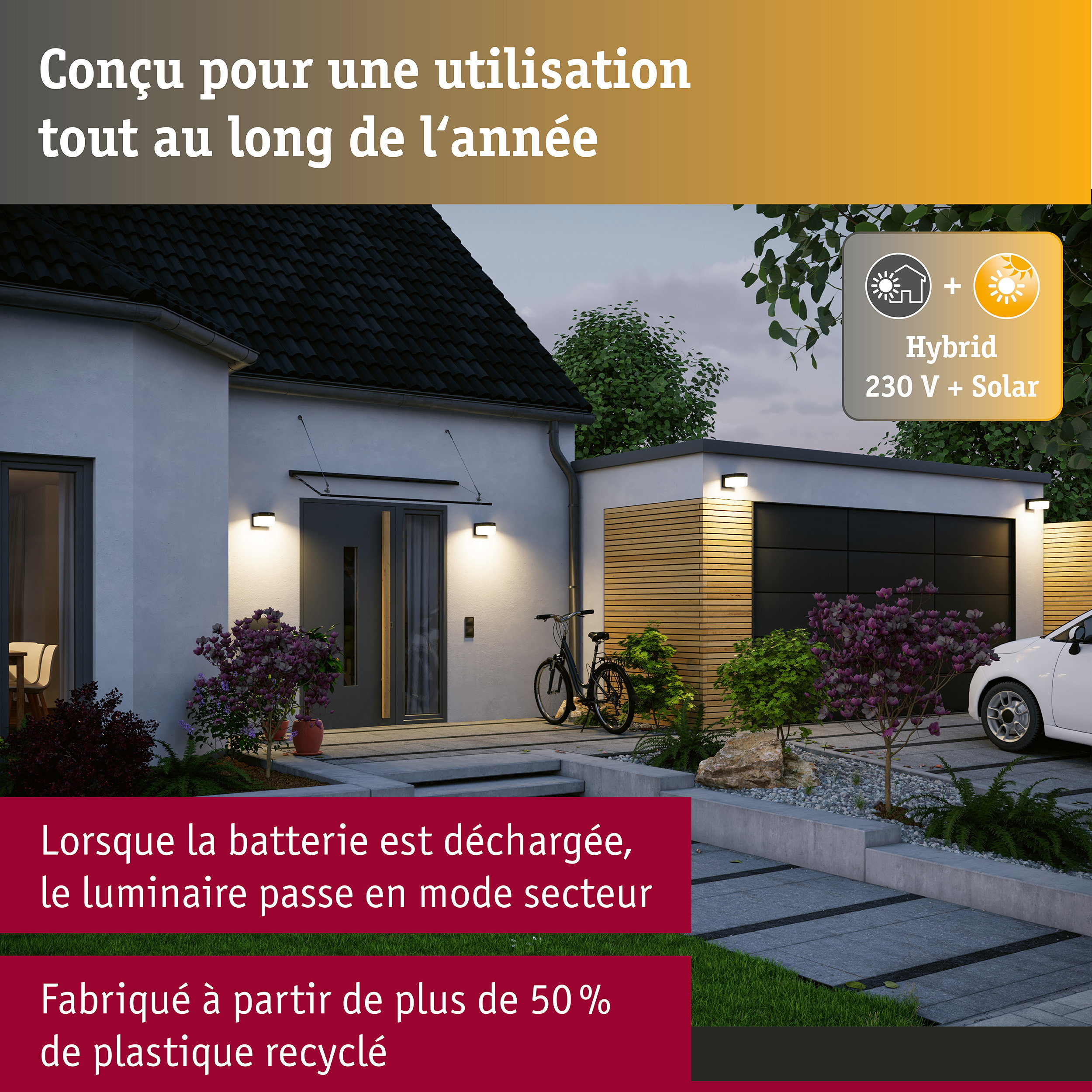 Hybrid Applique d'extérieur LED Calyne House 230V + Solaire IP44 carré 145x229mm 3000K 2,3W 230lm 230V Noir