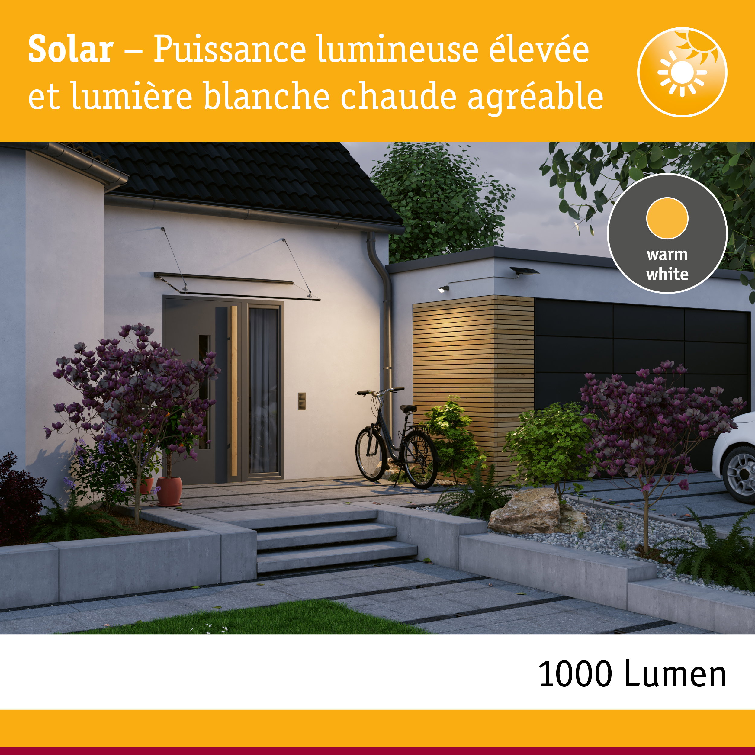 Éclairage solaire extérieur à haute puissance lumineuse avec lumière blanche chaude pour maison