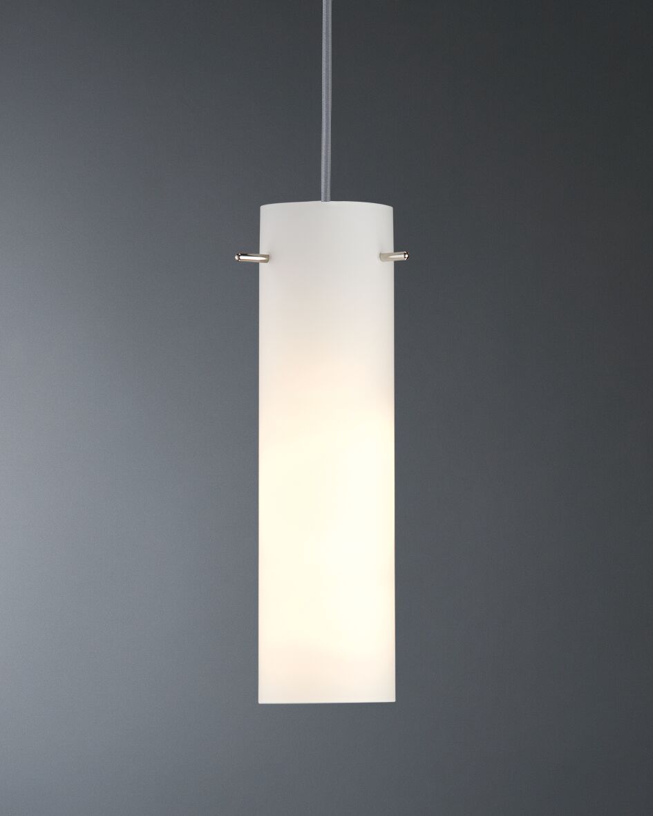 Modern white glass pendant light with cylindrical shape and metal holders for stylish home lighting