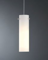 Modern white glass pendant light with cylindrical shape and metal holders for stylish home lighting