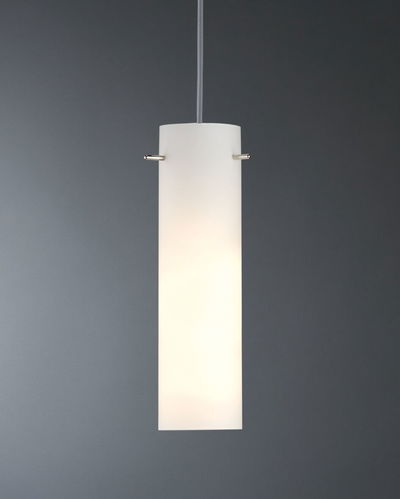 Modern white glass pendant light with cylindrical shape and metal holders for stylish home lighting
