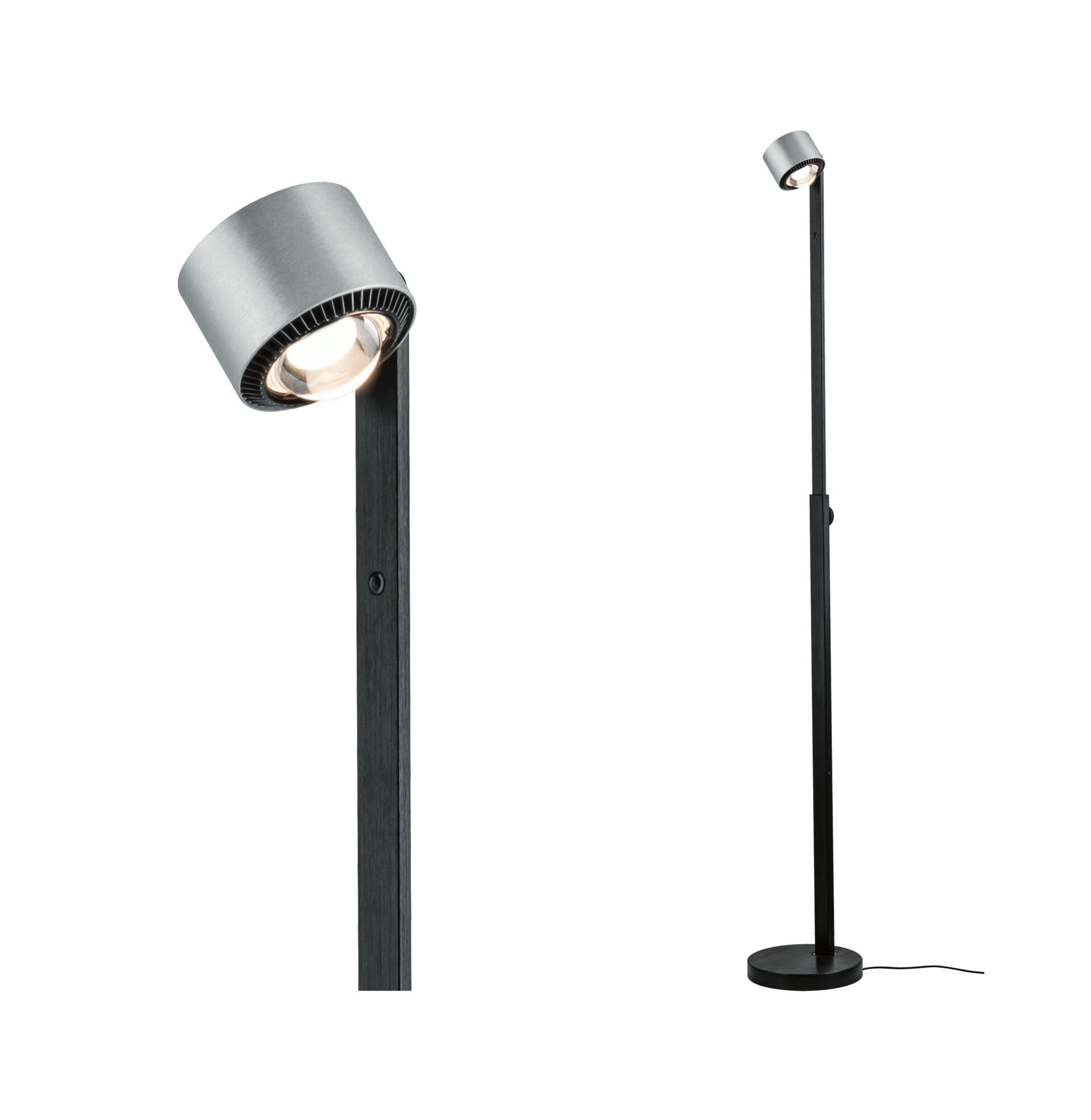 Moderne vloerlamp met zwarte metalen voet en zilveren aluminium spotkop voor gerichte verlichting