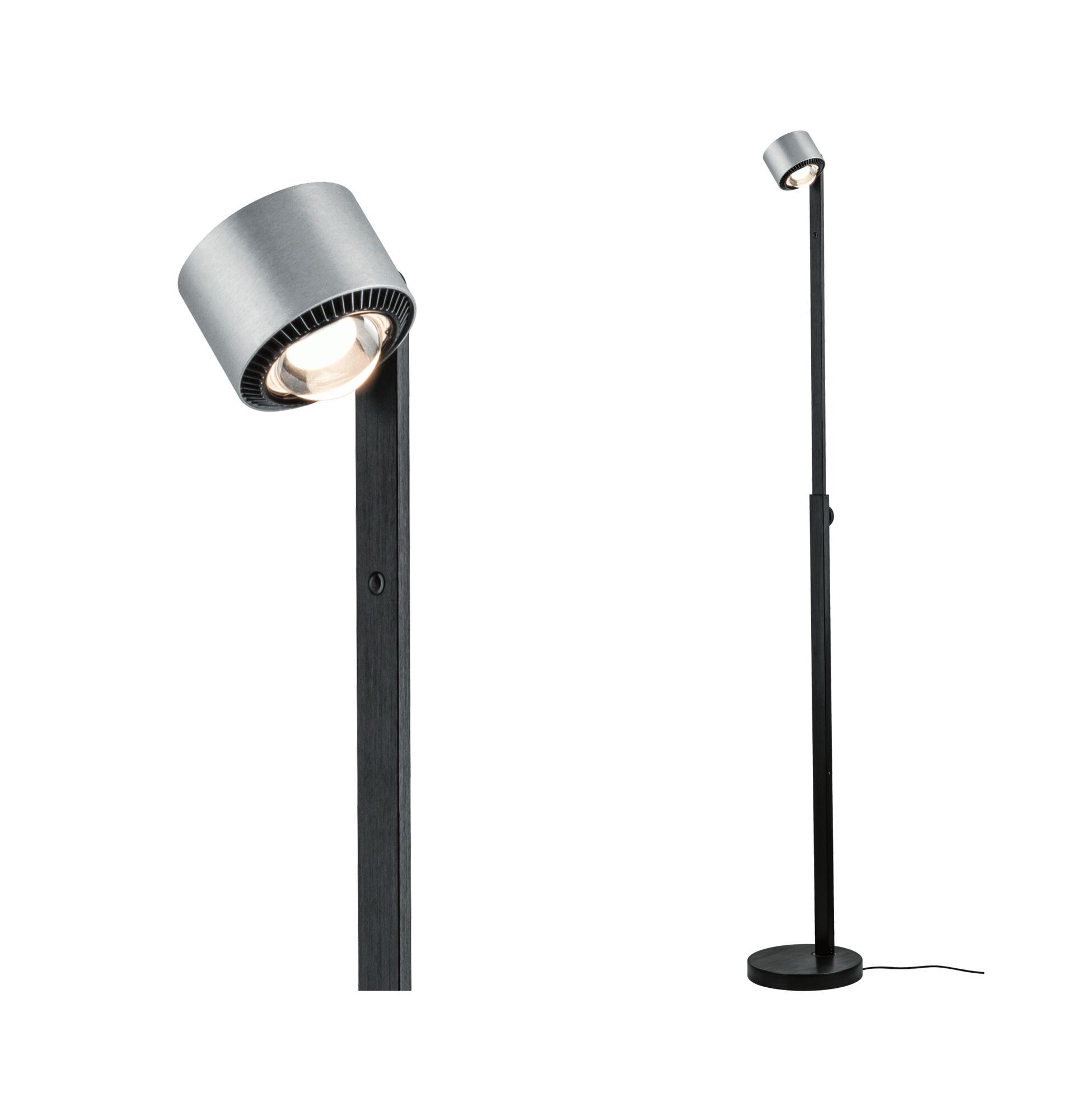 Standing LED lamp with black metal base and silver aluminium head for modern lighting design