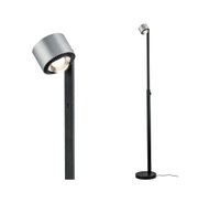Standing LED lamp with black metal base and silver aluminium head for modern lighting design