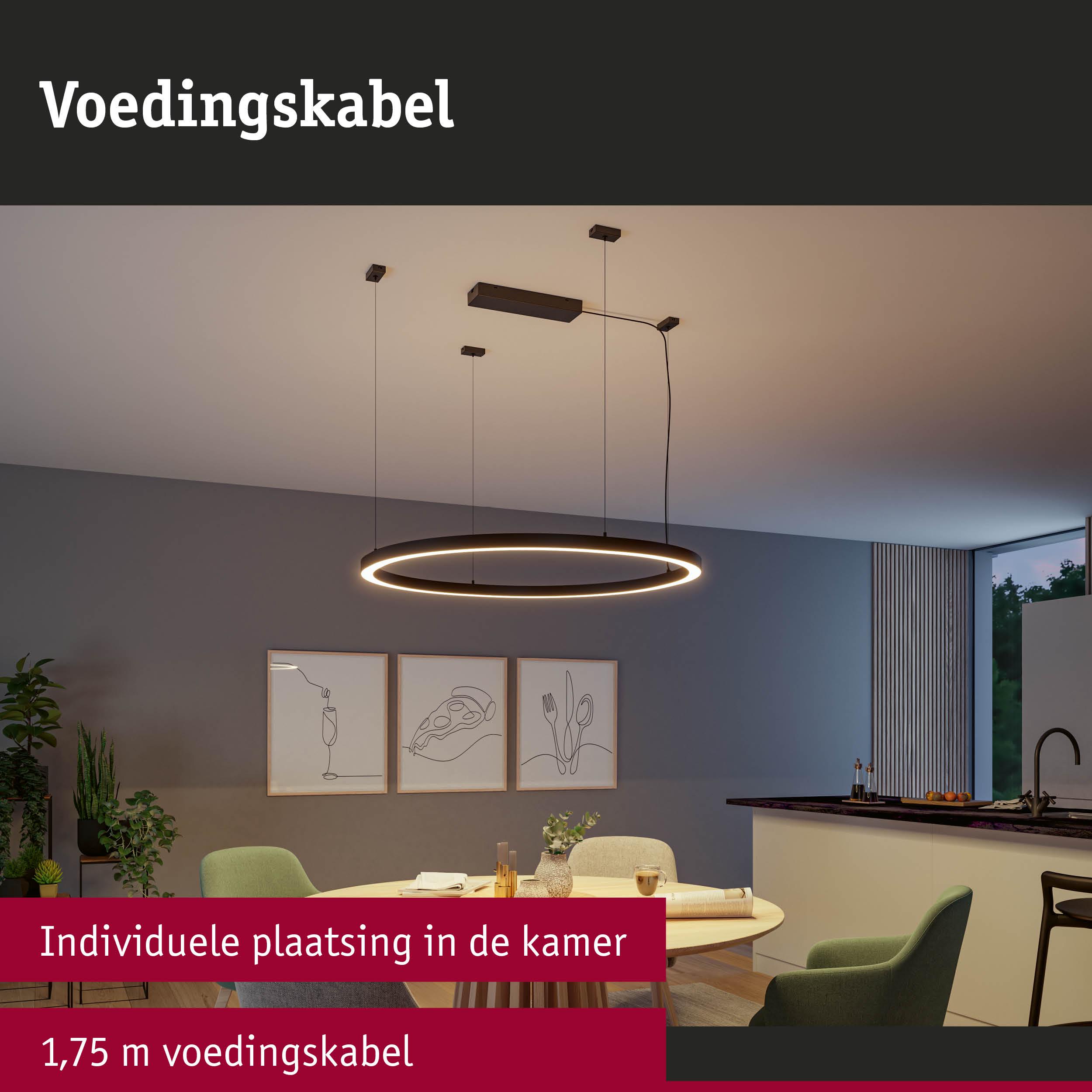 Moderne ronde LED-hanglamp met zwart frame en 1,75 m voedingskabel boven eettafel in woonkamer