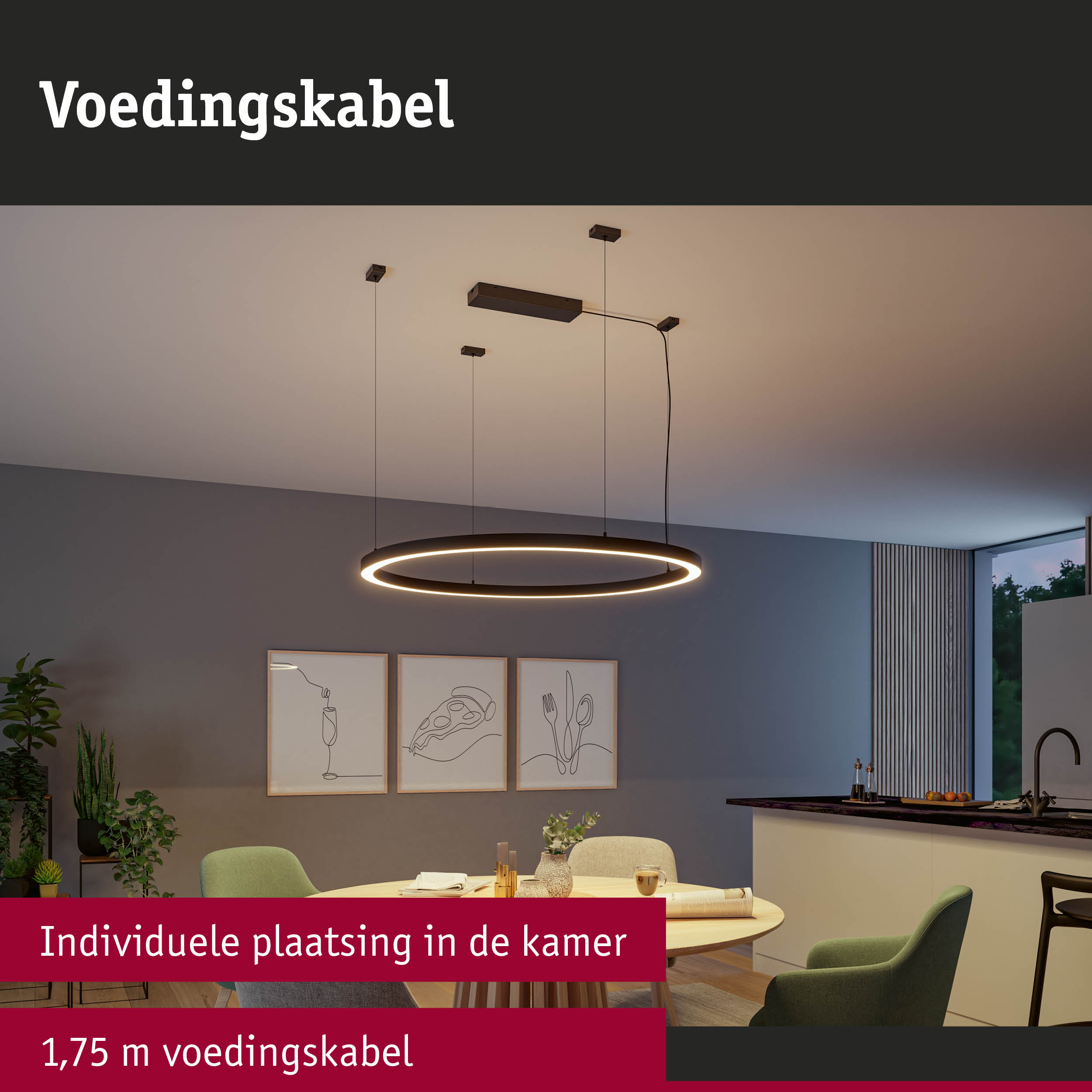 Moderne ronde LED-hanglamp met zwarte rand en 1,75 m voedingskabel in woonkamer