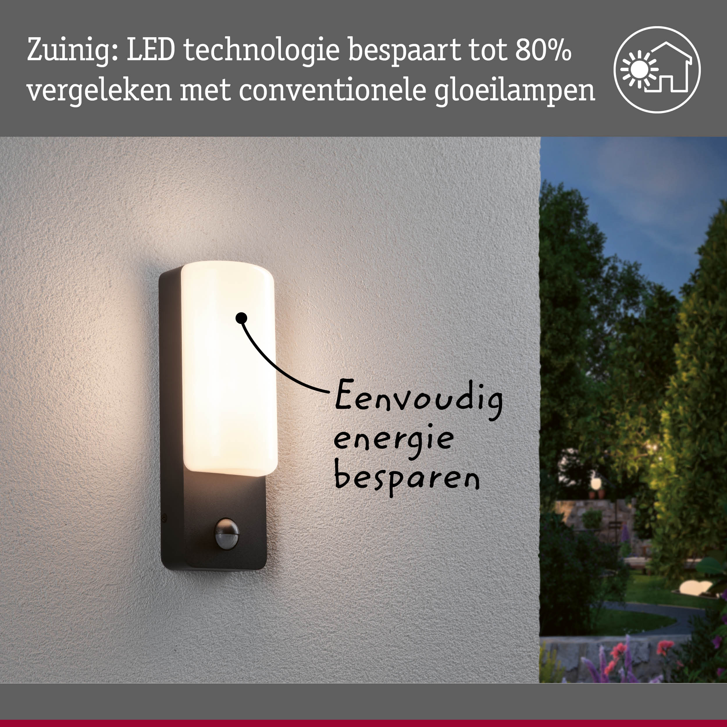 Moderne zwart-witte LED buitenwandlamp met energiebesparende technologie tot 80 procent.
