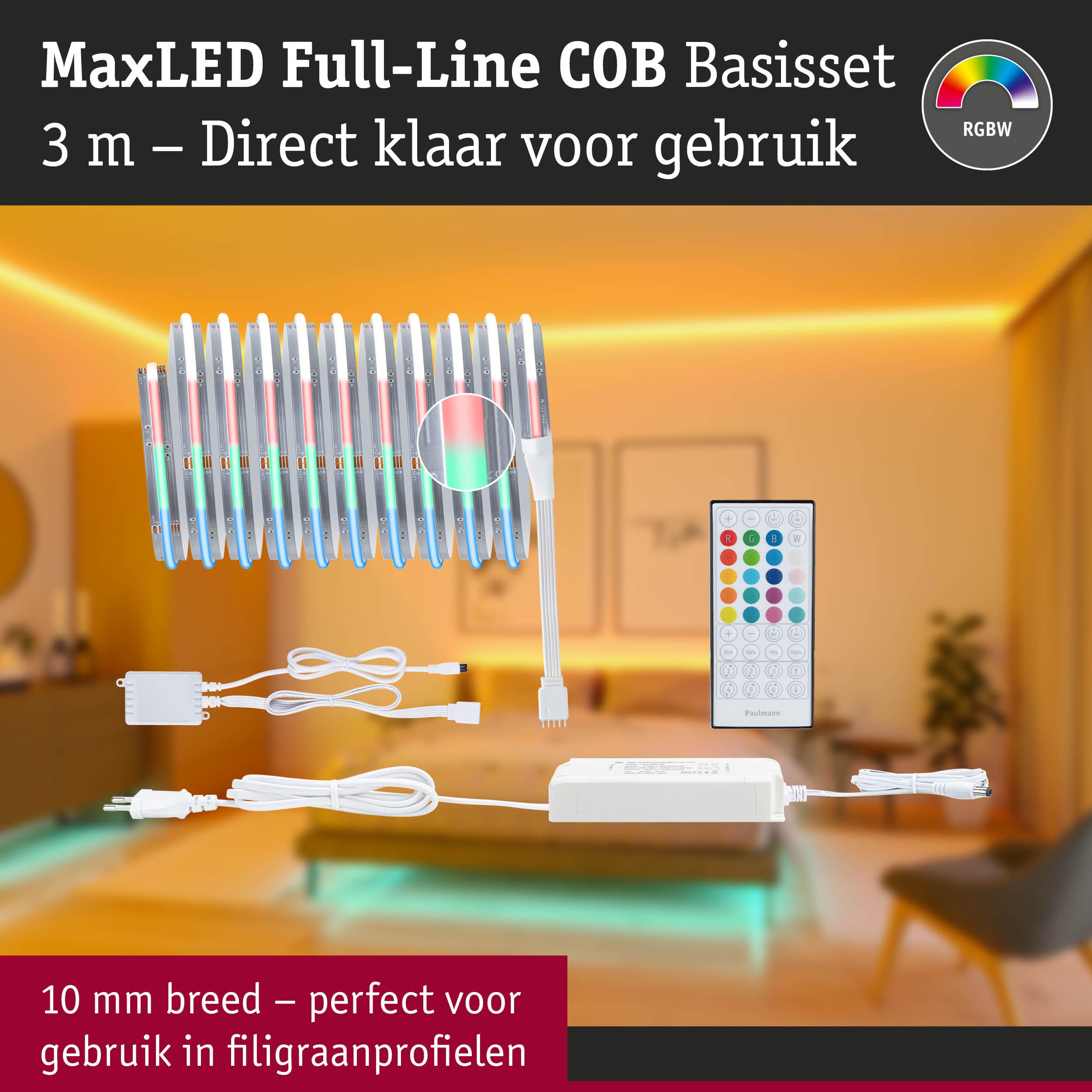MaxLED Full-Line COB 3 m LED-strip met afstandsbediening, RGBW kleuren, 10 mm breed voor smalle profielen