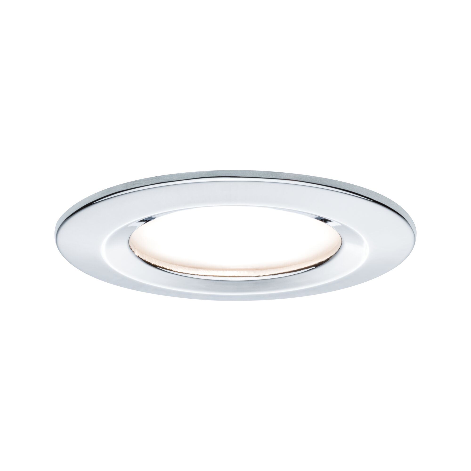 Rundes Einbau-LED-Leuchtmittel mit chromfarbenem Rahmen und warmweißem Licht für moderne Innenräume