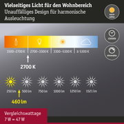 Grafik zeigt vielseitiges warmweißes Licht mit 2700K Farbtemperatur und 460 Lumen Helligkeit, dimmbar