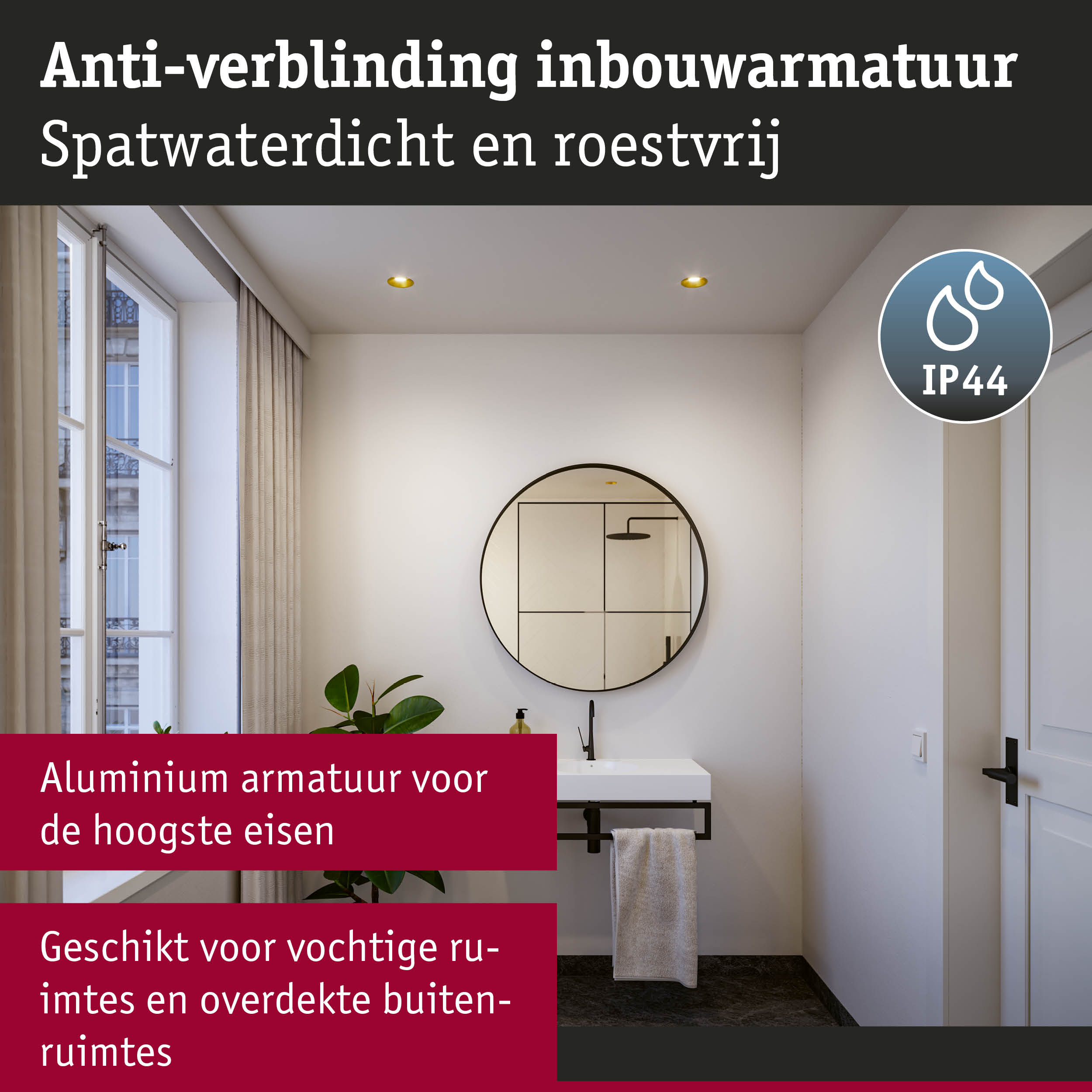 Moderne badkamer met ronde spiegel en witte wastafel, zwarte aluminium armatuur