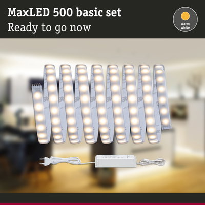 MaxLED 500 warm white LED strip with power supply for easy indoor lighting solution