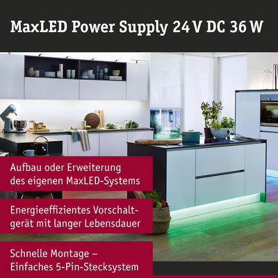 Moderne Küche mit MaxLED Power Supply 24V DC 36W für energieeffiziente LED-Beleuchtung und einfache Montage