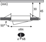 Dessin technique d'un spot LED encastré rond de 84 mm de diamètre et 45 mm de hauteur