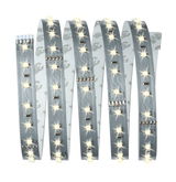 Flexible LED strip with warm white LEDs on silver circuit board for versatile lighting solutions.