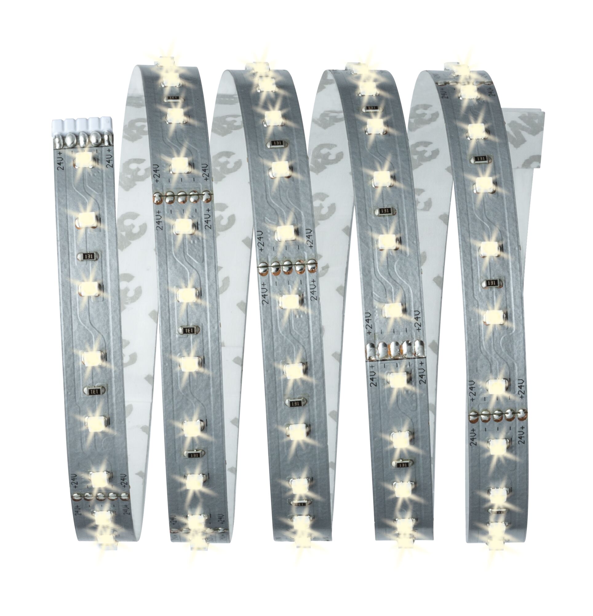 Bande LED flexible avec LEDs blanc chaud sur circuit argenté pour éclairage polyvalent.