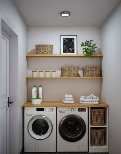 Moderne Waschküche mit weißen Waschmaschine und Trockner, Holzregalen und geflochtenen Körben für Ordnung