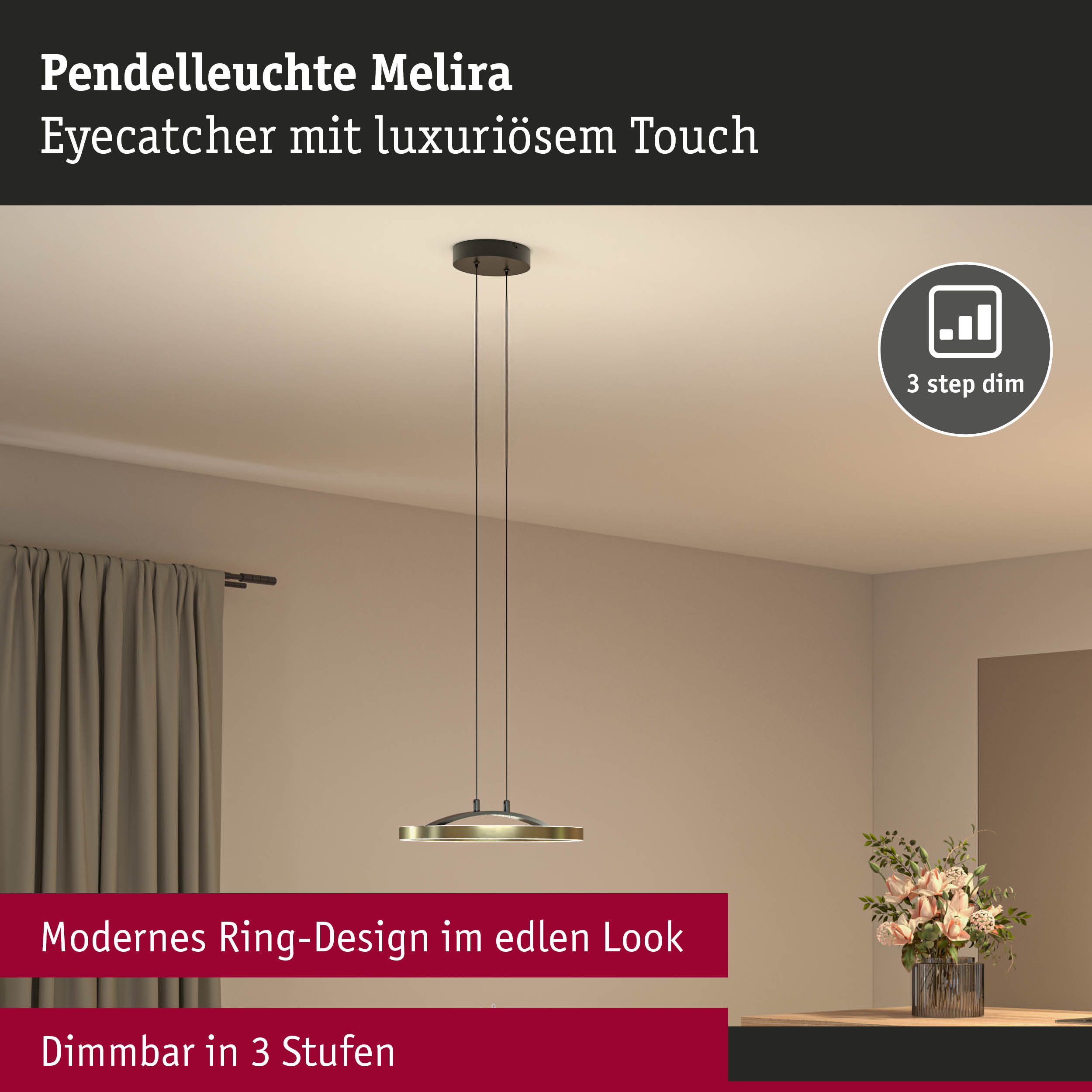 Pendelleuchte Melira in modernem Ring-Design aus goldfarbenem Metall, dimmbar in 3 Stufen
