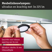 Handmatig ultradunne inbouwlamp met zwarte rand en 15 mm inbouwdiepte voor meubelverlichting.