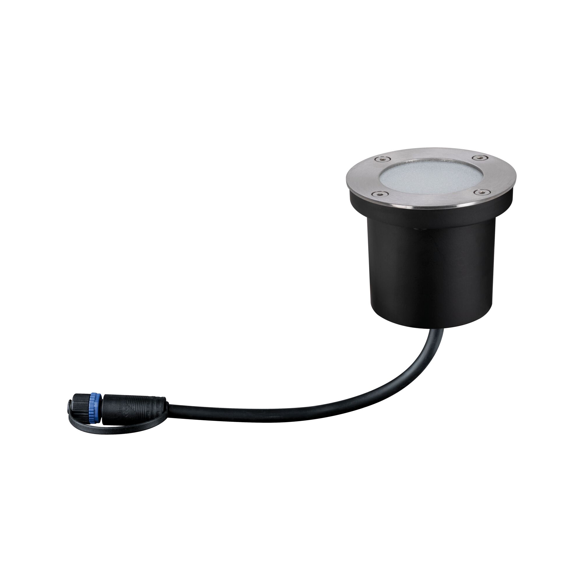 Round LED recessed light housing in black plastic with stainless steel ring and connection cable