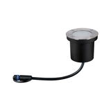 Round LED recessed light housing in black plastic with stainless steel ring and connection cable