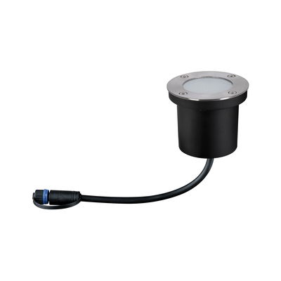 Round LED recessed light housing in black plastic with stainless steel ring and connection cable