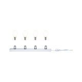 Four white LED bulbs with chrome four-socket strip and white cable for indoor lighting setup