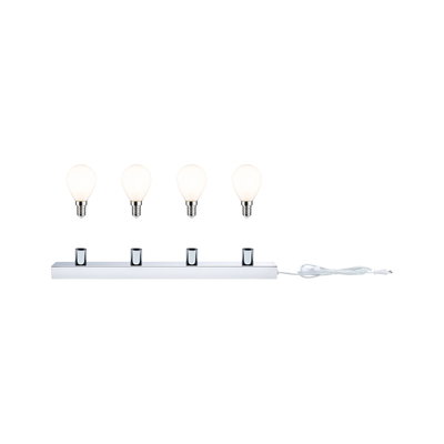 Four white LED bulbs with chrome four-socket strip and white cable for indoor lighting setup