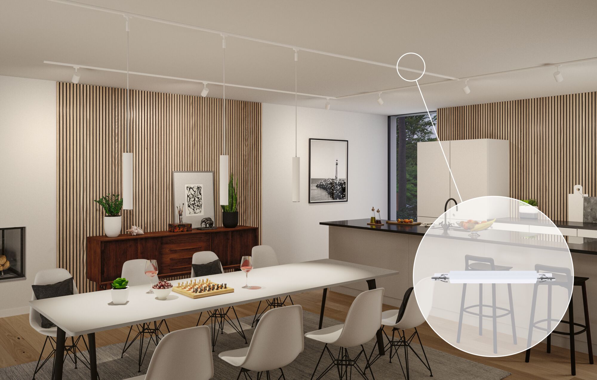 Moderne eetkamer met witte tafel en stoelen, houten wandpanelen en witte Paulmann LED-railspots.