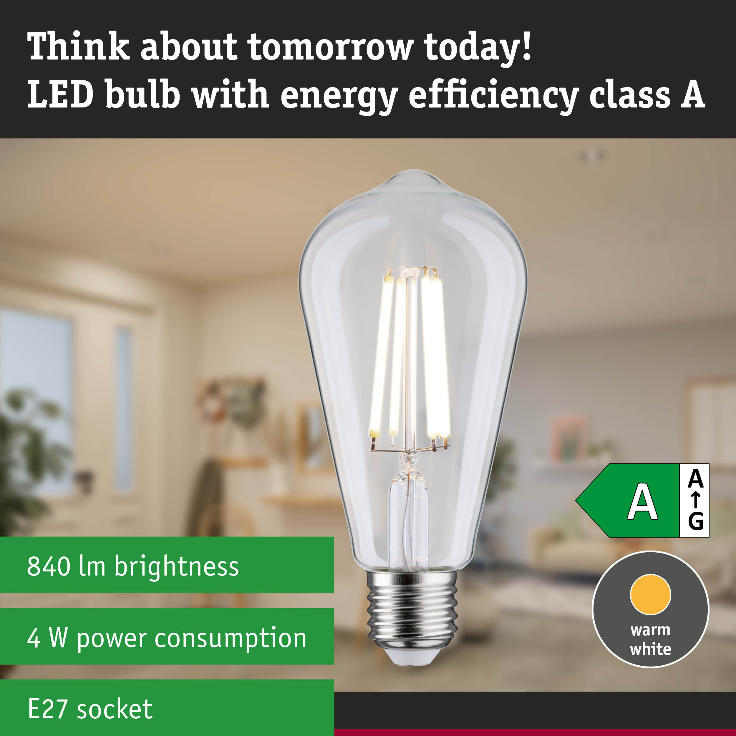 Clear LED bulb with warm white light and ultra-efficient energy use against green forest background