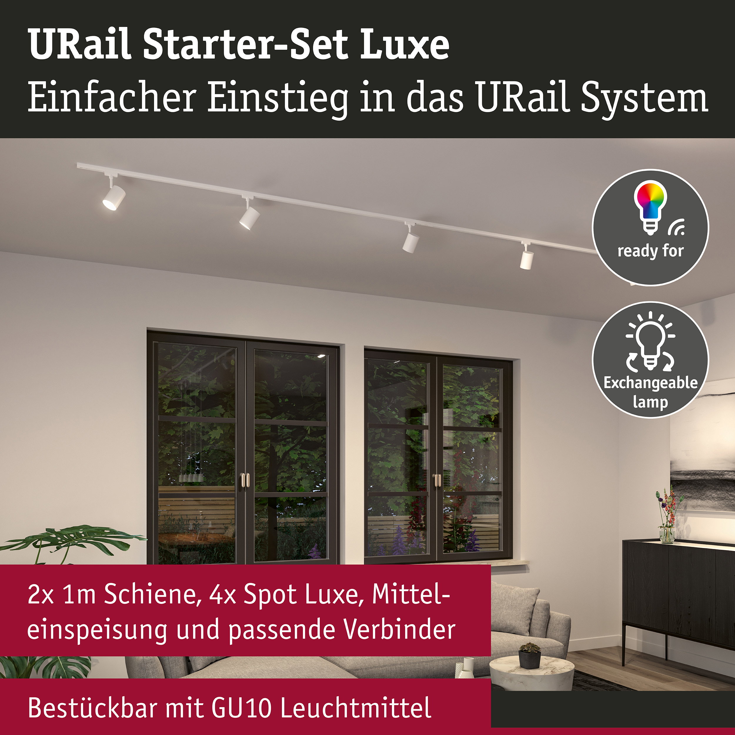 URail Schienenspot Luxe Starterset Mitteleinspeisung GU10 max. 10W 230V Signalweiß