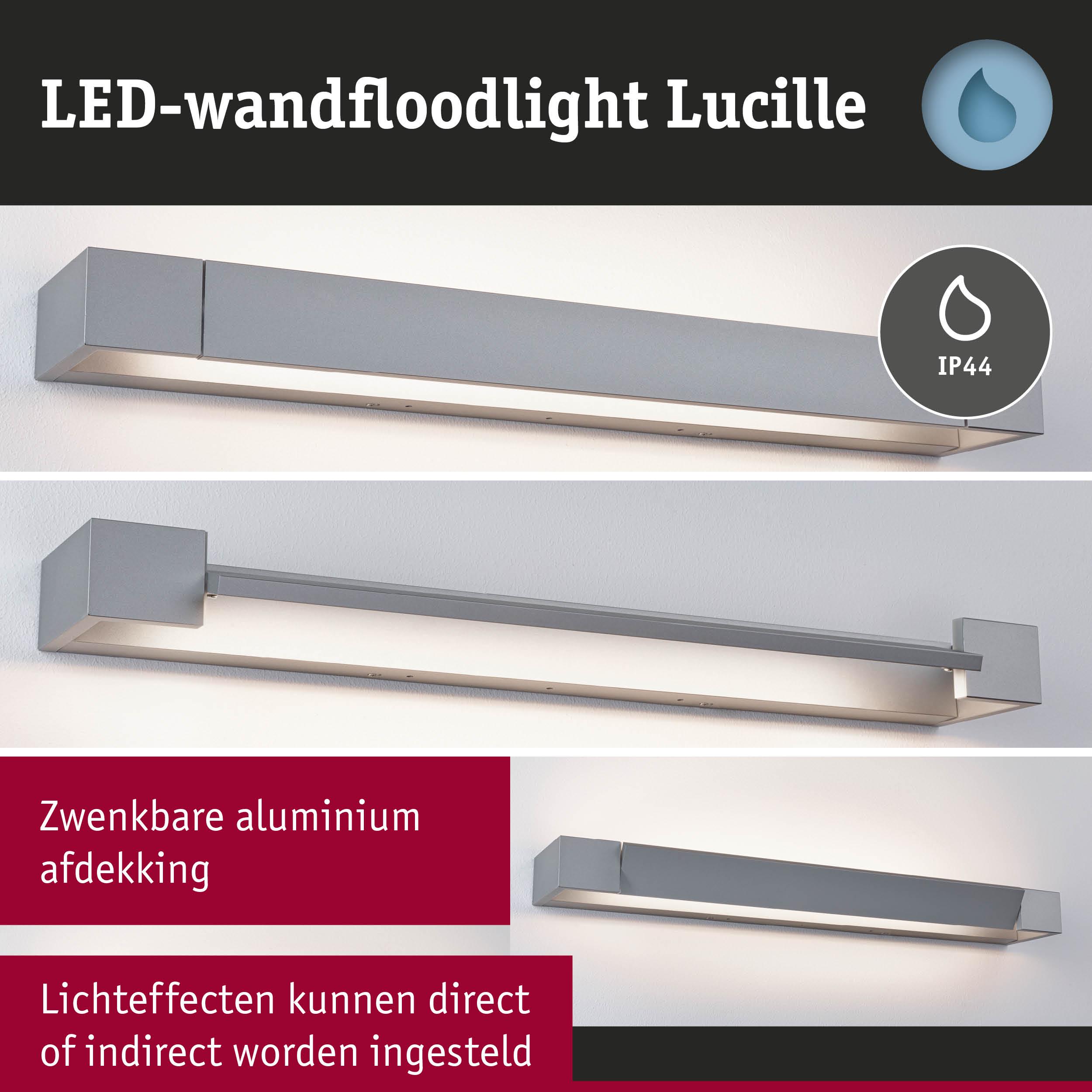 LED-wandfloodlight Lucille van grijs aluminium met IP44 en zwenkbare afdekking voor directe of indirecte verlichting